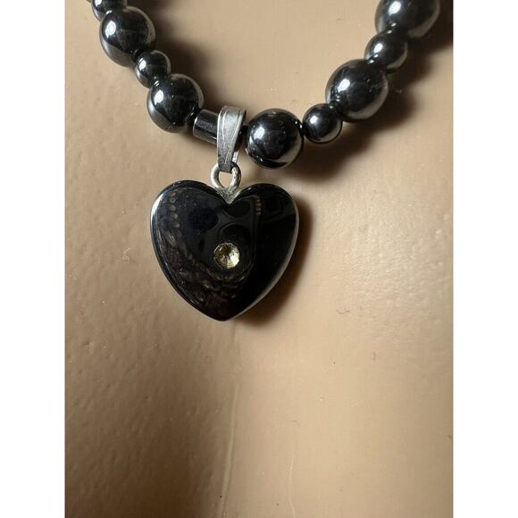 Vintage Hematite Gemstone Oval Oblong Disc Earring Charms  -NECKLACE VTG Black Hematite NecKlace With Carved Heart Pendant 1980s